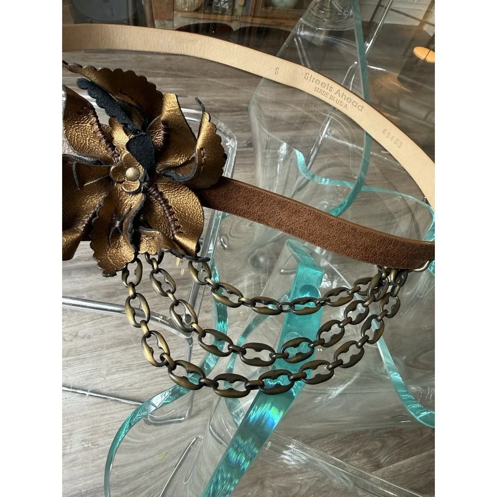 Vintage Streets Ahead Gold Leather Flower Brown Thin Chain Belt Sz S 49463